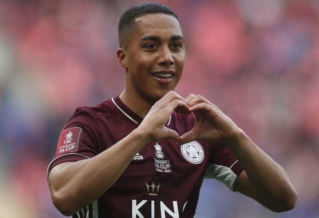 Leicester City's Belgian midfielder Youri Tielemans celebrates scoring his team's first goal during the English FA Cup final football match between Chelsea and Leicester City at Wembley Stadium in north west London on May 15, 2021.