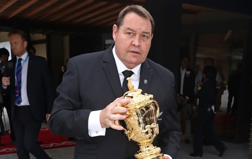 All Blacks coach Steve Hansen with the Webb Ellis trophy.