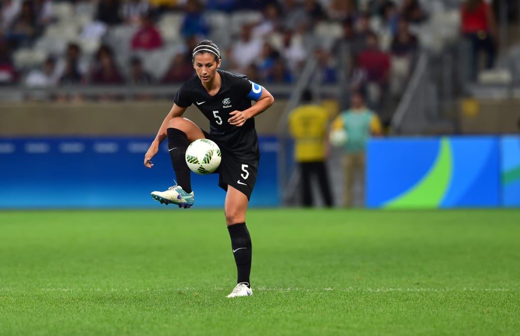 The Football Ferns captain Abby Erceg controls the ball vs Colombia at the Rio Olympics.