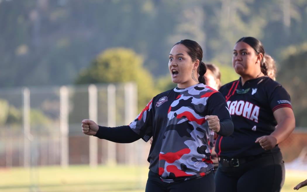 Rongomai Luke-Royal, premier pitcher for Te Aroha, leads their teams haka 'Te Aroha' at Softball New Zealands Open Women Club Nationals, March 2025.