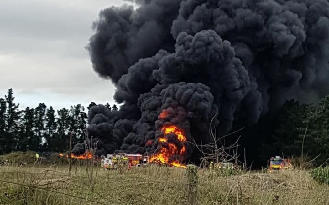 The North Canterbury tyre fire at its height.