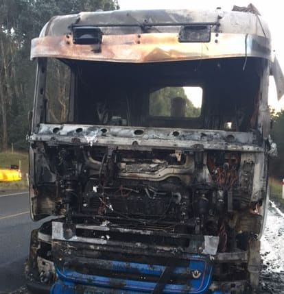The truck caught fire as it travelled south towards Dunedin on State Highway 1.