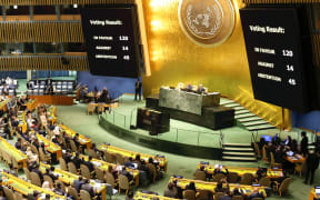 A picture shows General Assembly which voted on resolution on Israel-Palestinian war at UN Headquarters in New York on October 27, 2023. ( The Yomiuri Shimbun ) (Photo by Yasushi Kaneko / Yomiuri / The Yomiuri Shimbun via AFP)