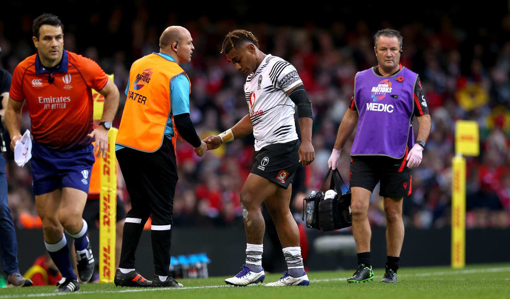 Fiji's Eroni Sau leaves the field in Cardiff after receiving a red card.