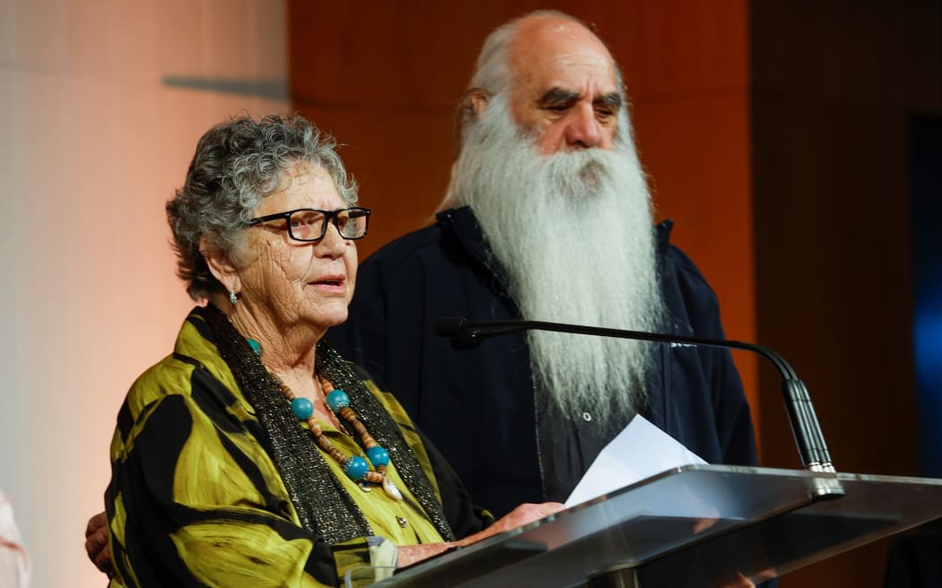 Aunty Joyce Donovan (matriarch Cabrogal of the Darug Nation) providing a traditional welcome to the guests of the Sydney Marae Alliance. Uncle Pauly McLeod (Wandianwanderian Murramarang Tomikin people) accompanied her.