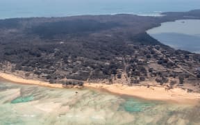 A view over an area of Tonga that shows the heavy ash fall from the recent volcanic eruption within the Tongan Islands.