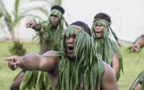 The New Zealand visitors are welcomed to Niue with a Takalo, a traditional war dance.