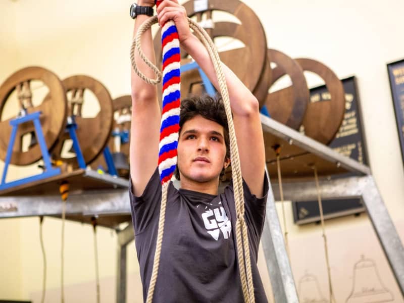 Dylan Thomas ringing bells at Wellington Cathedral of St Paul.