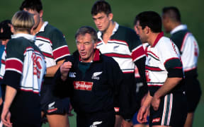 All Black coach Laurie Mains talks to his team at a training in 1995.
