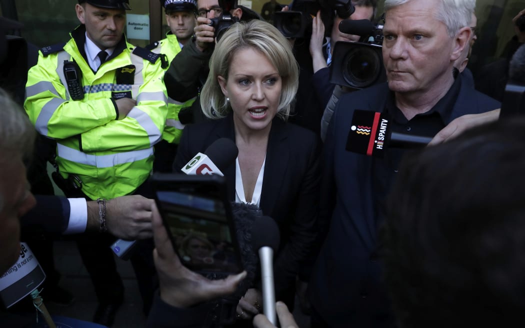 Barrister Jennifer Robinson (centre) speaks to media outside Westminster Magistrates Court, alongside WikiLeaks editor Kristinn Hrafnsson.
