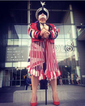 Suzanne Tamaki's garment for the Asia Pacific Triennial at GOMA in Brisbane. The model is Aroha Rawson.