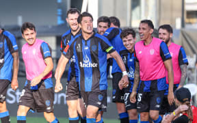 Auckland FC's Hiroki Sakai scores and celebrates his goal. A-League Men, Round 21, Auckland FC v Adelaide United, Go Media Stadium.