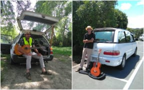 Matthew Hadfield with his car and guitar that were stolen, left, and the new car and guitar, right