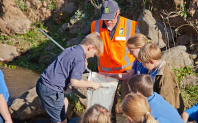 Students from Duvauchelle School sampling Pawsons Stream.