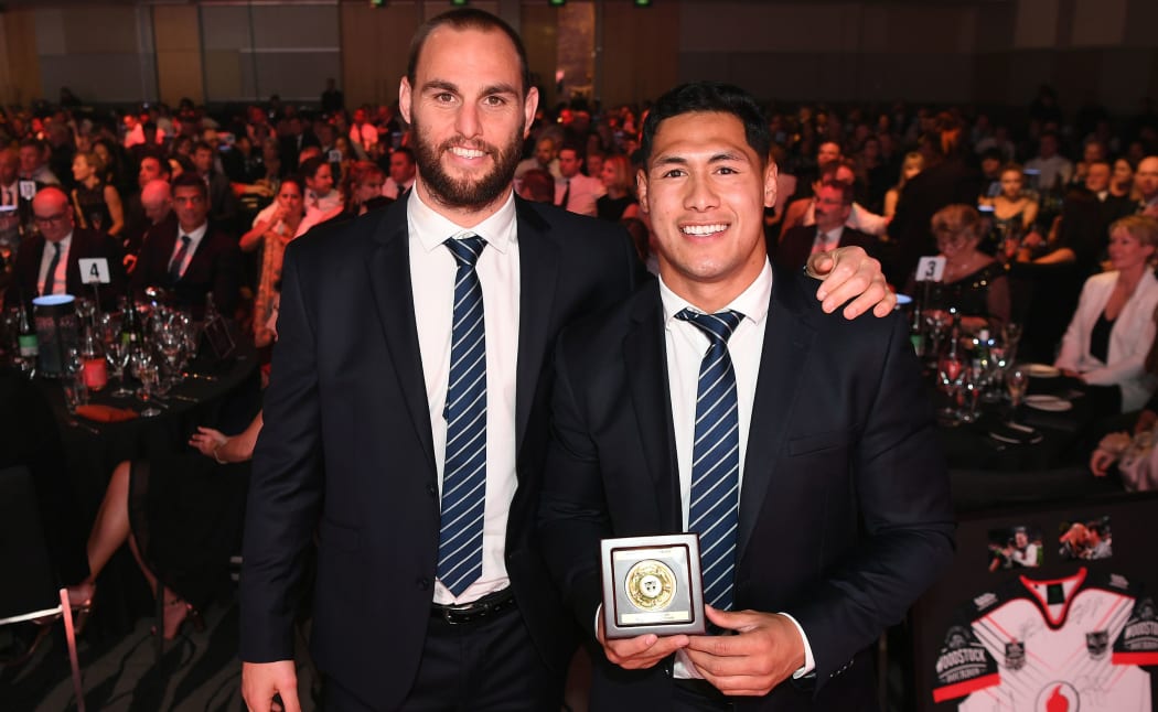 Warriors player of the year and the winner of the inaugural "Simon Mannering Medal" Roger Tuivasa-Sheck pictured with Simon Mannering.