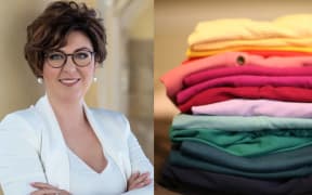 A composite image, showing a portrait of Paola Magni smiling in a white blazer on the left, and a pile of colourful tshirts on the right.