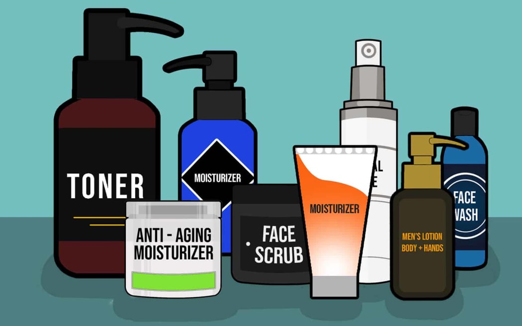 Bottles of generic skin care products