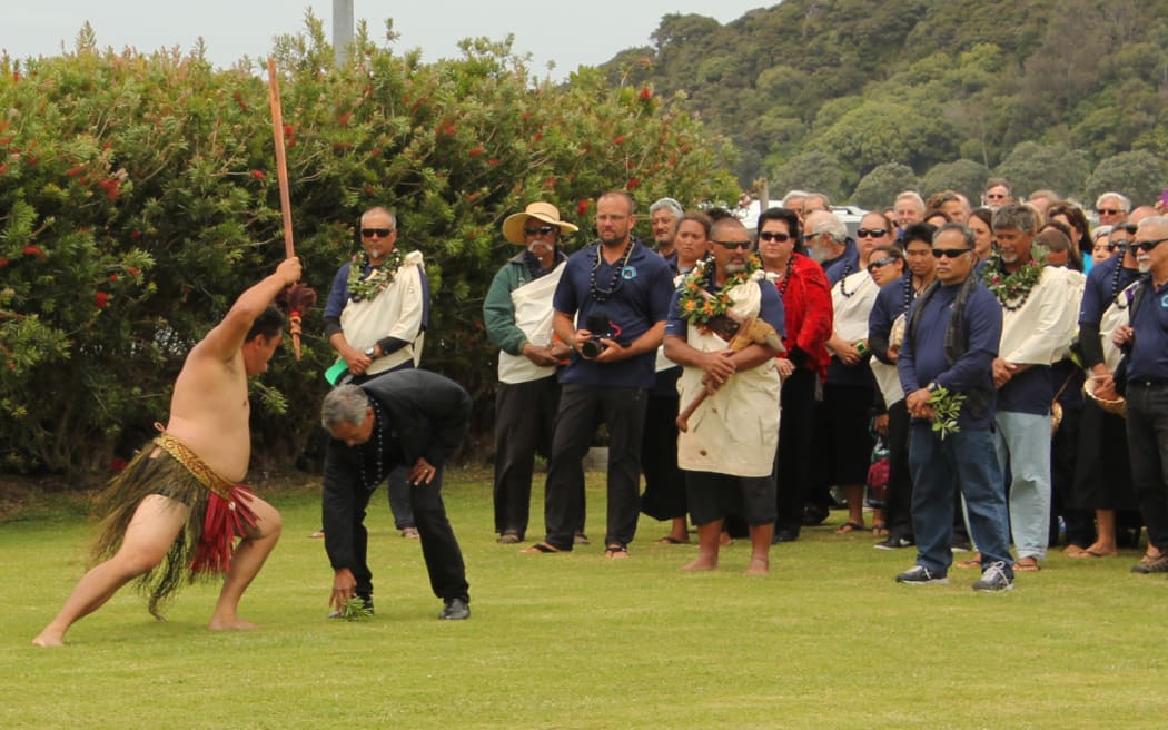 Sailors from Hōkūleʻa and Hikianalia are welcomed to Te Tii Marae during the 2014 visit.