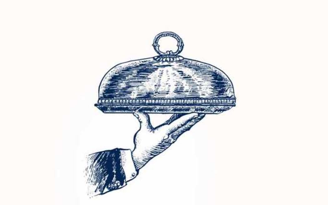 A detail from the cover of the 2023 nonfiction book The Restaurant - A History of Eating Out by food writer and critic William Sitwell