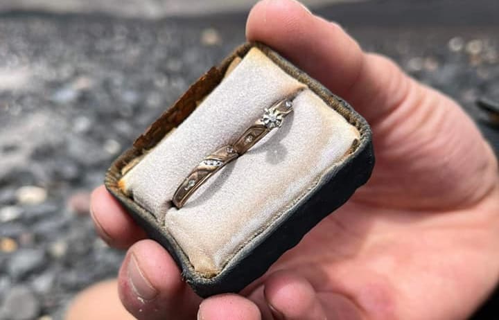 A pair of rings found by hiker David Halberg on Mount Ngauruhoe, in near perfect condition inside a worn ring box