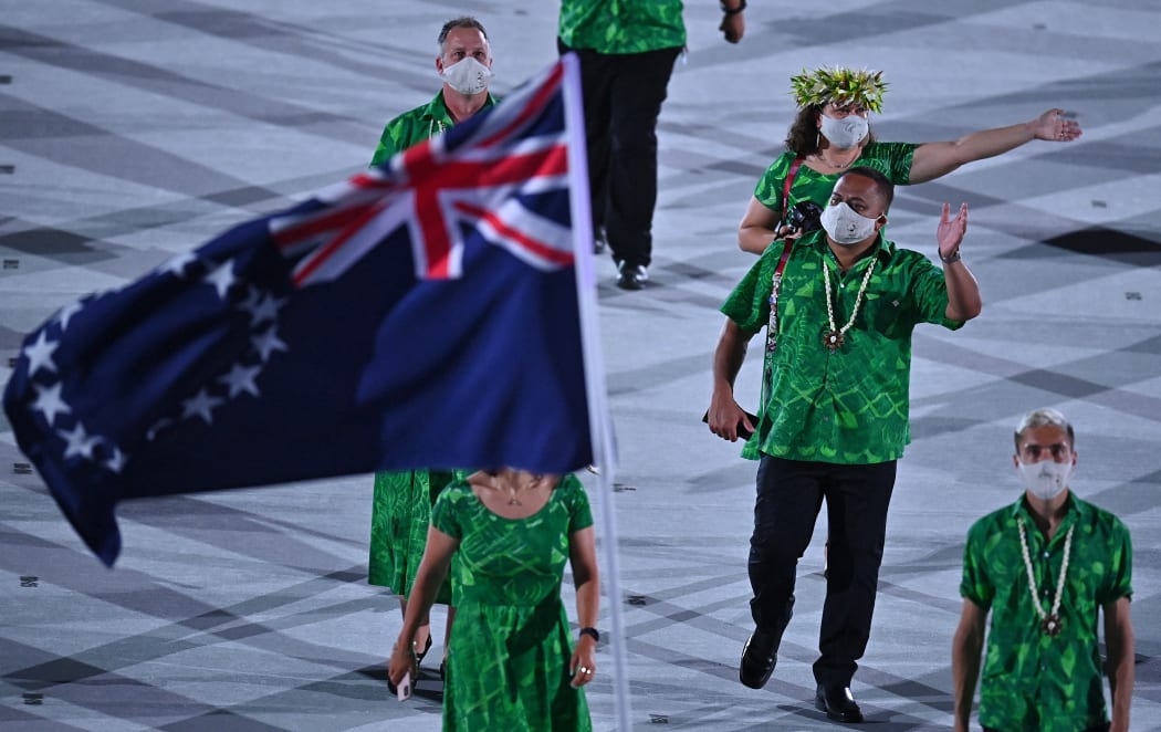 The Cook Islands' delegation parade during the opening ceremony of the Tokyo 2020 Olympic Games.