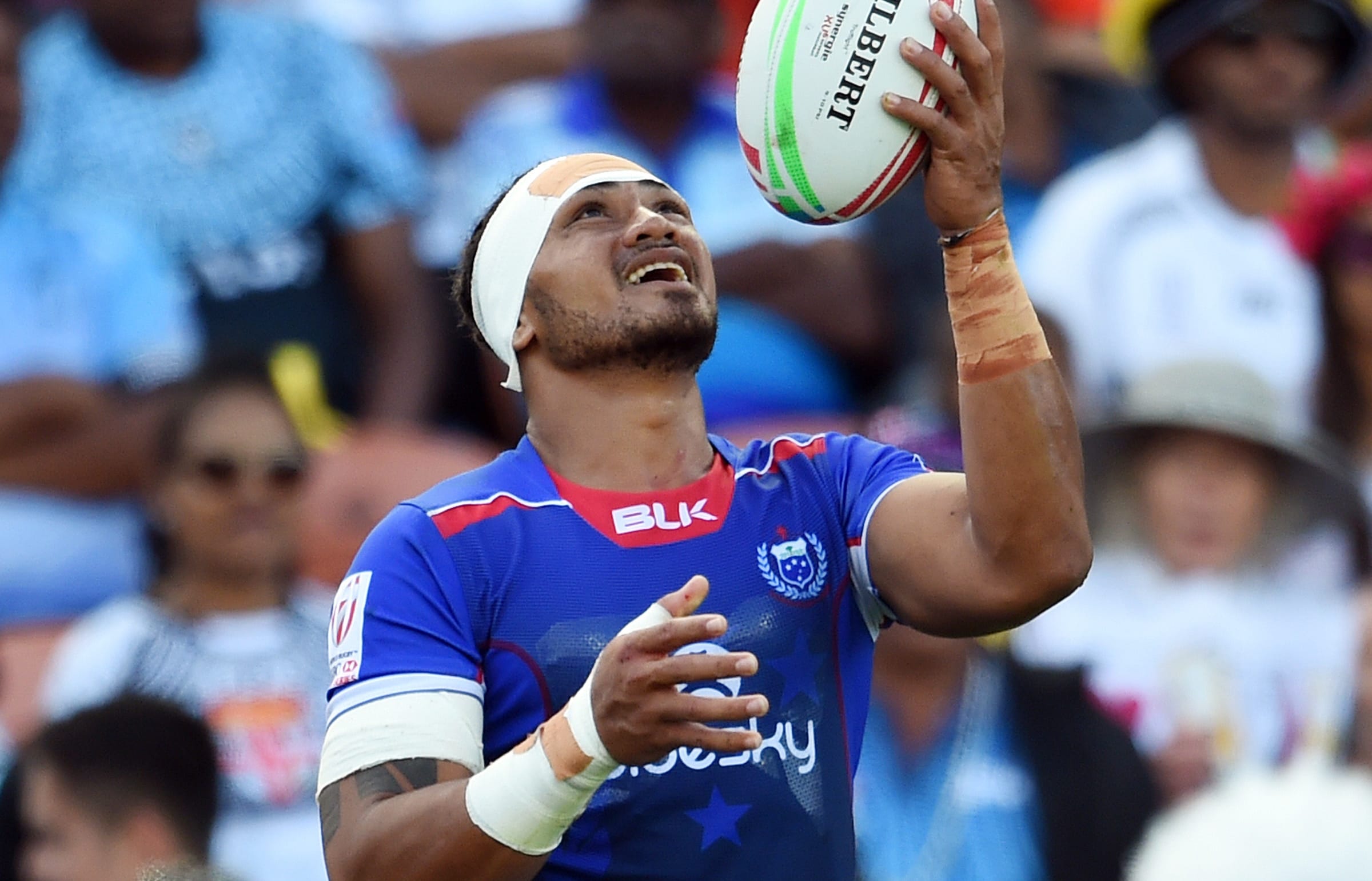 Siaosi Asofolau celebrates scoring a try during 2019 NZ Sevens in Hamilton