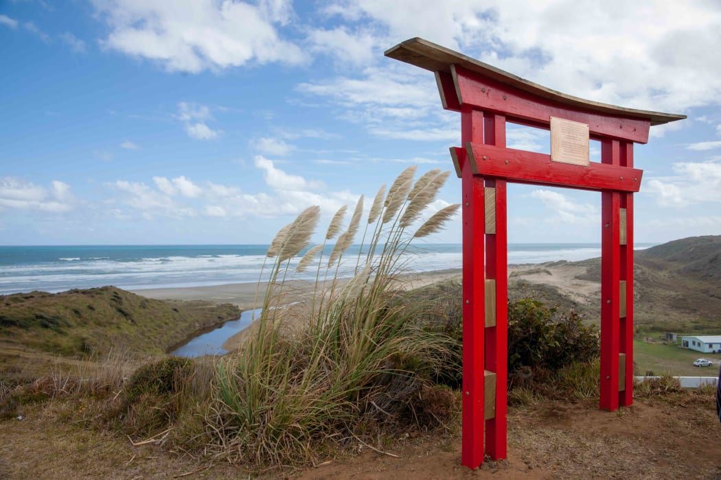 The red memorial gate, Mitimiti beach, Hokianga