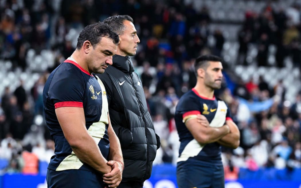 Dejected AGUSTIN CREEVY ( 16 - Argentine ) - JERONIMO DE LA FUENTE ( 12 - Argentine ) Rugby World Cup France 2023, Argentina v England Bronze FInal match at Stade de France, Saint-Denis, France on Friday 28 October 2023. Photo credit:Federico Pestellini / Panoramic/.www,photosport.nz