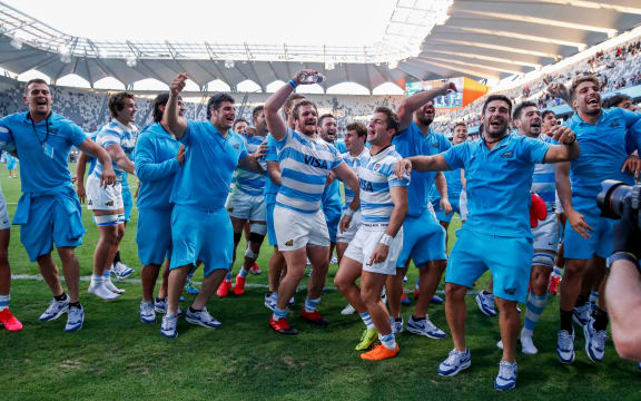 Argentina celebrate after beating the All Blacks. Tri Nations rugby union test match. New Zealand All Blacks v Argentina Pumas. Bankwest Stadium, Sydney, Australia. 14th Nov 2020. Copyright Photo: David Neilson / www.photosport.nz