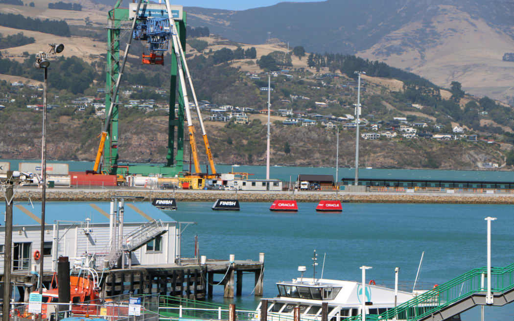 The buoys marking the SailGP race finish line in Whakaraupō Lyttelton Harbour.