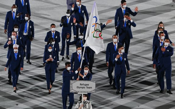 Refugee Olympic Team during the opening ceremony of the Tokyo 2020 Olympic Games.