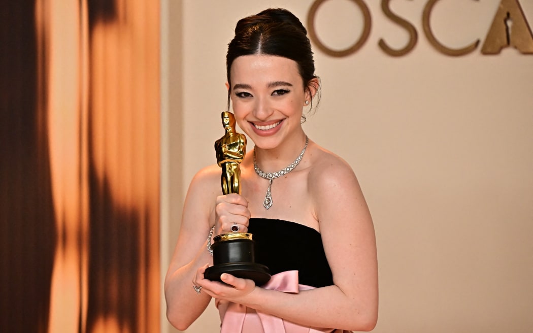 US actress Mikey Madison poses in the press room with the Oscar for Best Actress in a Leading Role for "Anora" during the 97th Annual Academy Awards at the Dolby Theatre in Hollywood, California on March 2, 2025. (Photo by Frederic J. Brown / AFP)