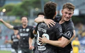 Sam Sutton of the Phoenix celebrates scoring a goal during the A-League Men Round 4 match between the Central Coast Mariners and Wellington Phoenix at Industree Group Stadium in Gosford, Sunday, November 10, 2024. (AAP Image/Jeremy Ng/Photosport)