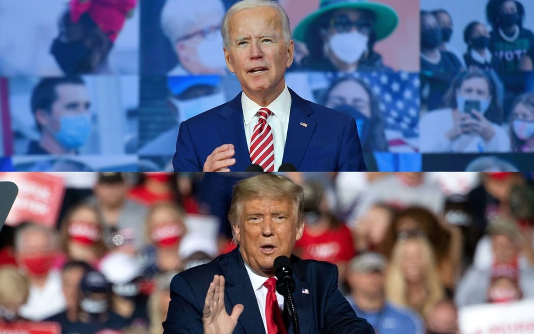 (COMBO) This combination of pictures created on October 30, 2020 shows Democratic presidential nominee and former Vice President Joe Biden