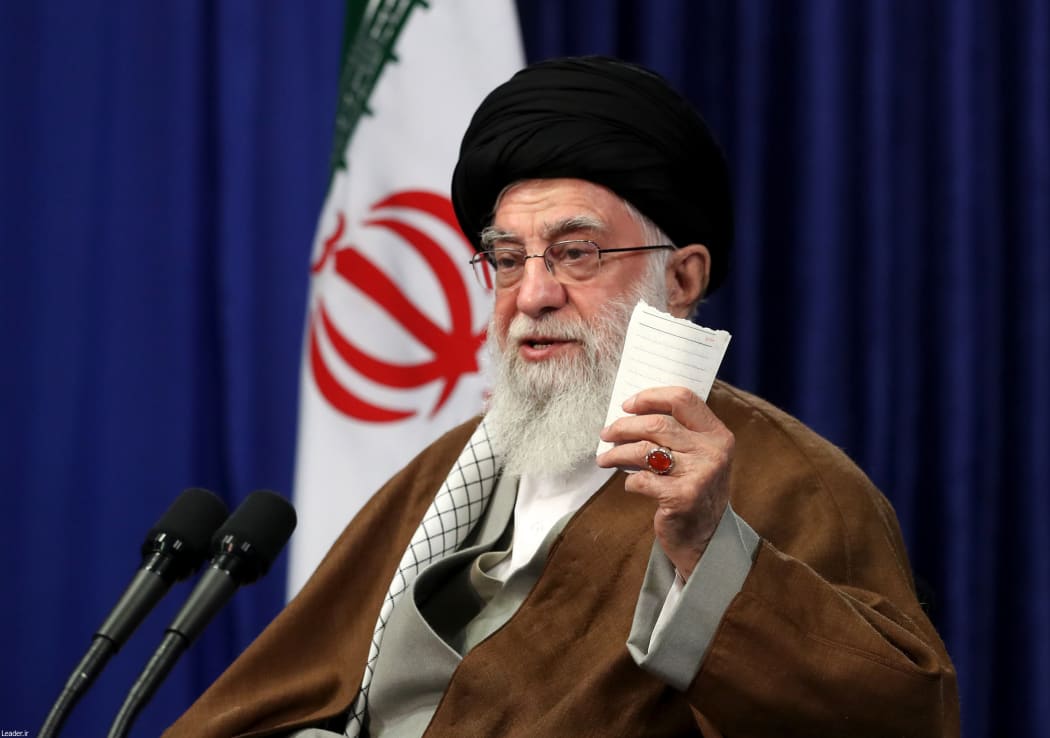 A handout picture provided by the office of Iran's Supreme Leader Ayatollah Ali Khamenei on May 10, 2020 shows Khamenei speaking via a video conference with members of the Iranian government.