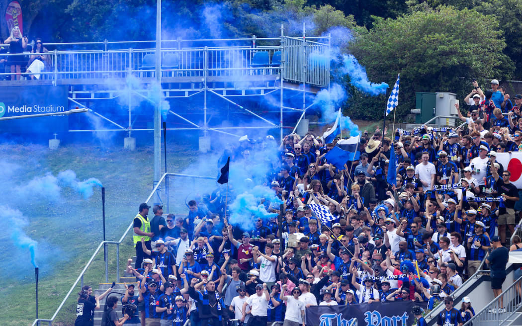 Auckland FC supporters The Port get lively before the A-League match against Wellington Phoenix.