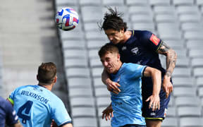 Wellington player Oskar Zawada headers in a goal. Wellington Phoenix vs. Sydney FC, Isuzu UTE A-League Round 20 football match, Sunday 12 March 2023. Eden Park, Auckland, New Zealand. © Photo: Andrew Cornaga / www.photosport.nz