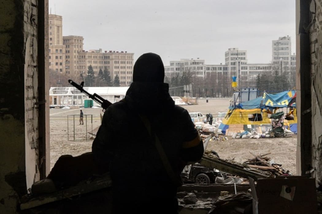 A view of the square outside the damaged local city hall of Kharkiv on March 1, 2022, destroyed as a result of Russian troop shelling.
