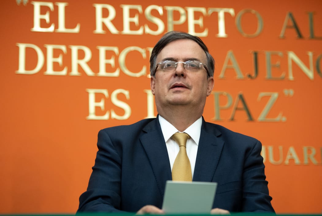 Mexican Foreign Minister Marcelo Ebrard speaks during a press conference at the Embassy of Mexico in Washington, after meeting with US Vice President Mike Pence and Secretary of State Mike Pompeo at the White House