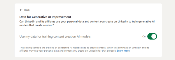 A snapshot of the LinkedIn setting screen where users can opt out of their LinkedIn data being used for generative AI training.