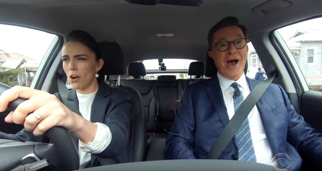 A screengrab of Prime Minister Jacinda Ardern and Stephen Colbert singing Queen's Bohemian Rhapsody.