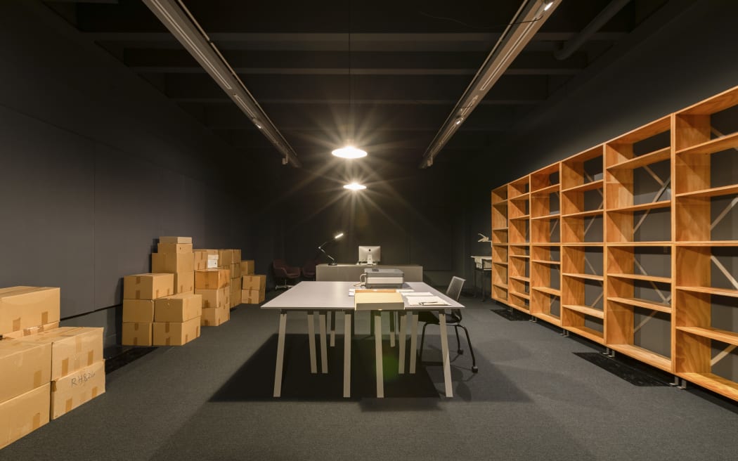 Installation view, Work in Progress, in Back of House, Te Pātaka Toi Adam Art Gallery, Te Herenga Waka—Victoria University of Wellington, 2023.