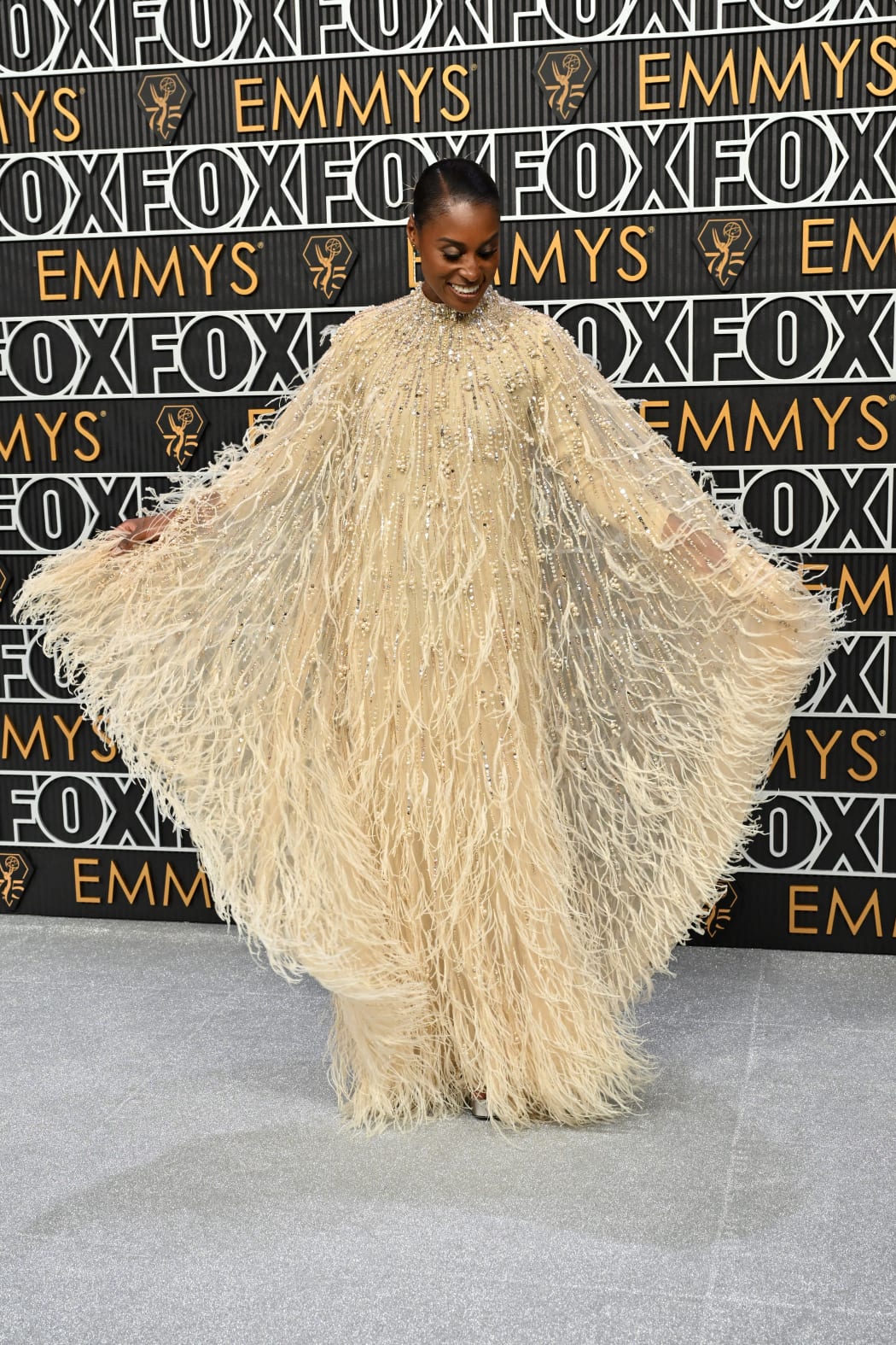 US actress Issa Rae arrives for the 75th Emmy Awards at the Peacock Theatre at L.A. Live in Los Angeles on January 15, 2024. (Photo by Robyn BECK / AFP)