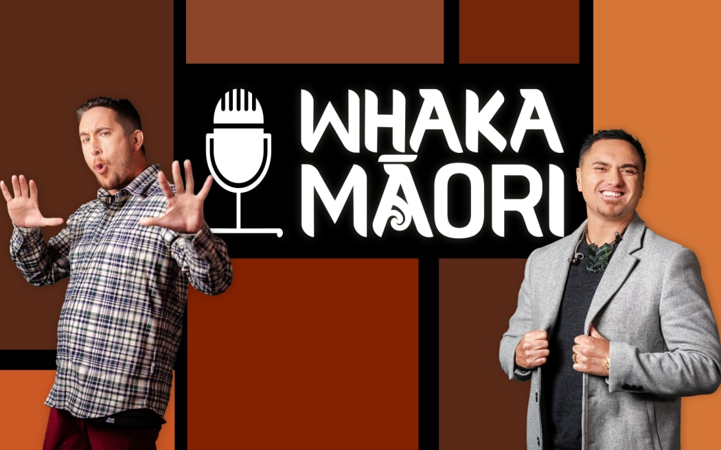 In a graphic made up of differently coloured brown tiles, the two main hosts of Whakamāori season three pose. Behind them is text reading: "WHAKAMĀORI."