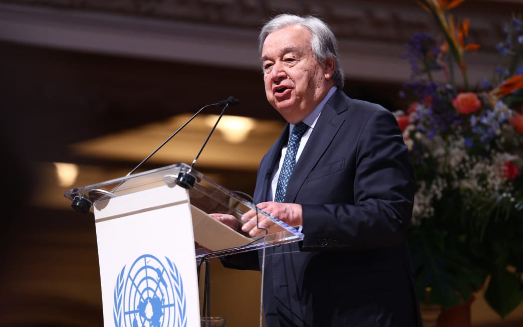 United Nations (UN) Secretary-General Antonio Guterres speaks at the UNA-UK conference to mark the 80th anniversary of the founding of the UN, at Methodist Central Hall, the site of the inaugural UN General Assembly, in London on January 17, 2026.



 in central London on January 16, 2026. (Photo by Toby Shepheard / AFP)