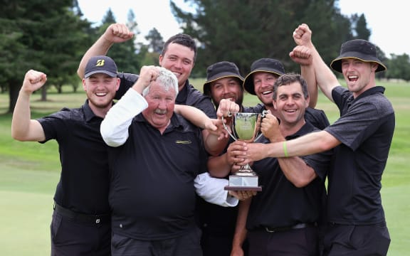 Taranaki players celebrate their win during the 5th day of the New Zealand Men's Interprovincial Tournament at Ashburton Golf Club, Ashburton on Saturday 04 December 2021.