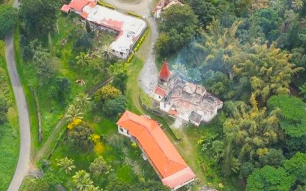 An aerial view of the Saint Louis Catholic Church, which was partly burnt down in July 2024 – PHOTO NC la 1ère