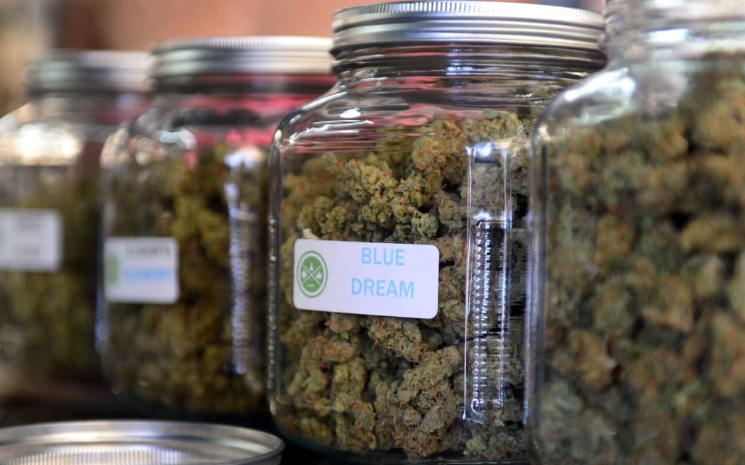 The highly-rated strain of medical marijuana 'Blue Dream' is displayed among others in glass jars in LA.