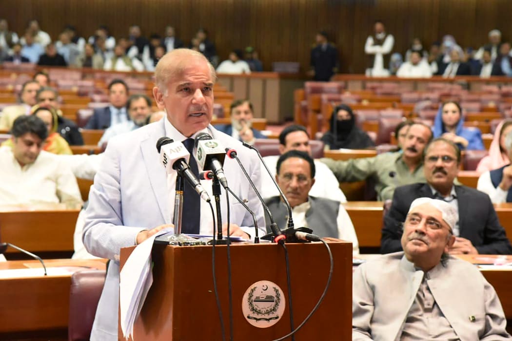 This handout photo shows Pakistan's newly elected Prime Minister Shehbaz Sharif addressing the National Assembly in Islamabad 11 April 2022.