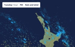 MetService rain and wind radar for Tuesday 14 July.